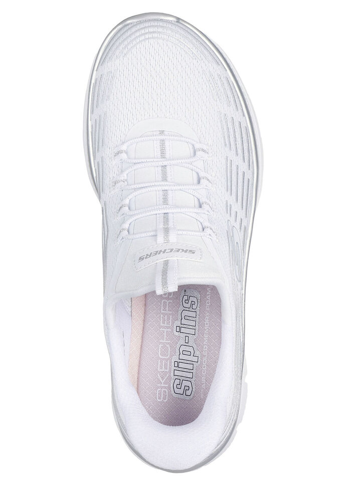 SKECHERS, stylische Damen-Sneaker, mit geformter Slip-Ins Fersenplatte WEISS-SILBER